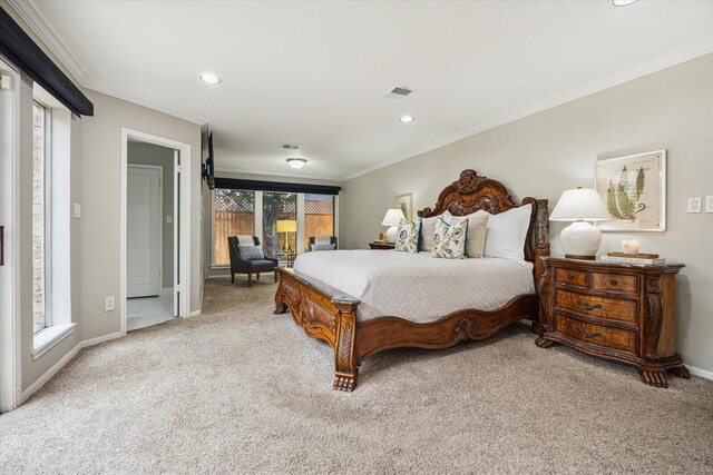 706 St Ives Ct, Houston, TX 77079 - bedroom featuring carpet floors, ornamental molding, baseboards, and recessed lighting