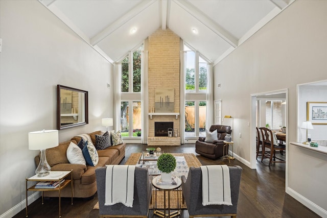706 St Ives Ct, Houston, TX 77079 - living area featuring high vaulted ceiling, beam ceiling, baseboards, a fireplace, and dark wood-type flooring