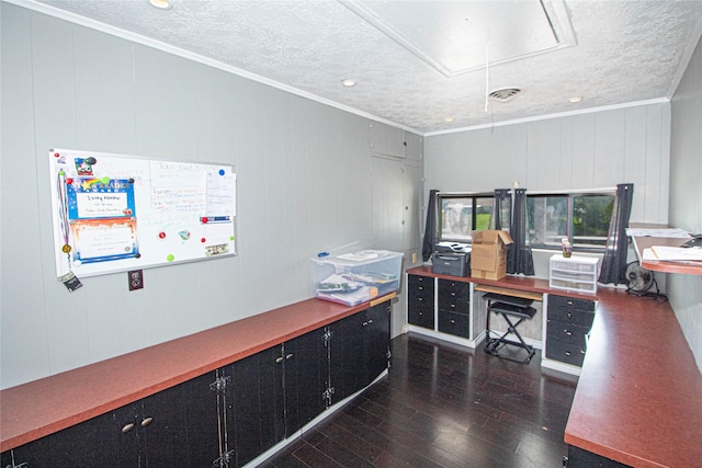 374 Harbor View Dr, Livingston, TX 77351 - office featuring attic access, dark wood-style flooring, a textured ceiling, crown molding, and a decorative wall