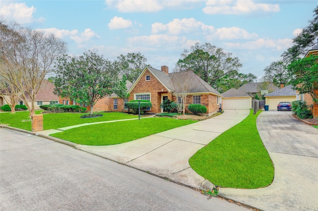 3314 Hickory Falls Dr, Houston, TX 77345 - view of front of home featuring a front lawn, brick siding, a chimney, a detached garage, and driveway
