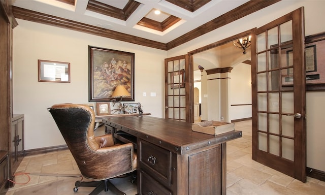 624 High Meadow Ranch Dr, Magnolia, TX 77355 - office space with arched walkways, beam ceiling, crown molding, coffered ceiling, and baseboards