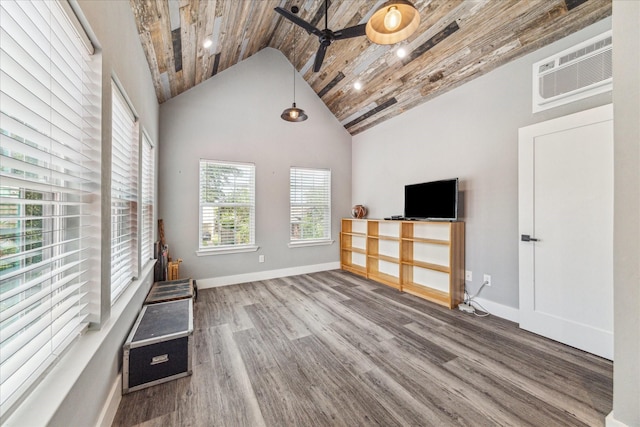 529 Fugate St, Houston, TX 77009 - unfurnished living room featuring high vaulted ceiling, wood finished floors, wooden ceiling, baseboards, and a wall unit AC