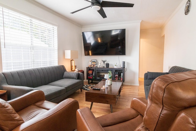 326 W 28th St, Houston, TX 77008 - living area with crown molding, a ceiling fan, wood finished floors, and baseboards
