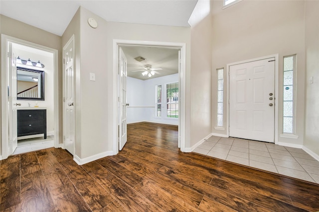 32126 Willow Creek Park, Conroe, TX 77385 - entrance foyer with wood finished floors and a ceiling fan