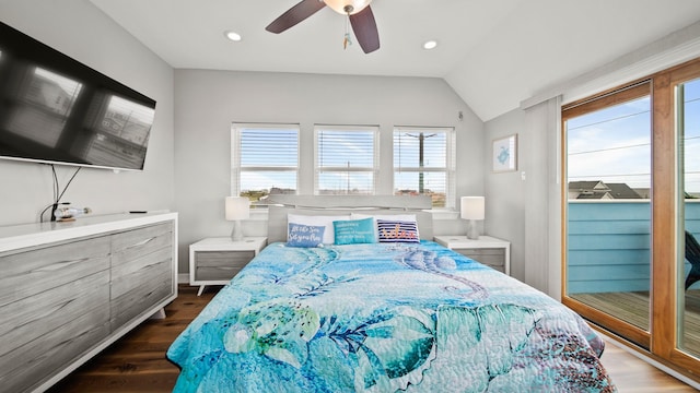 21530 San Luis Pass Rd, Galveston, TX 77554 - bedroom featuring wood finished floors, lofted ceiling, a ceiling fan, recessed lighting, and baseboards
