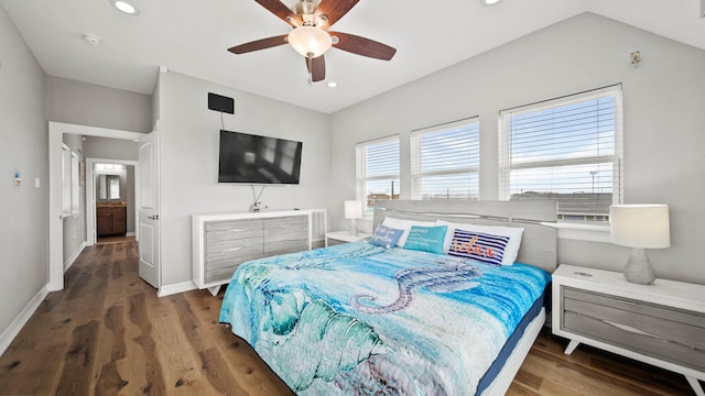 21530 San Luis Pass Rd, Galveston, TX 77554 - bedroom with wood finished floors, baseboards, recessed lighting, ceiling fan, and lofted ceiling