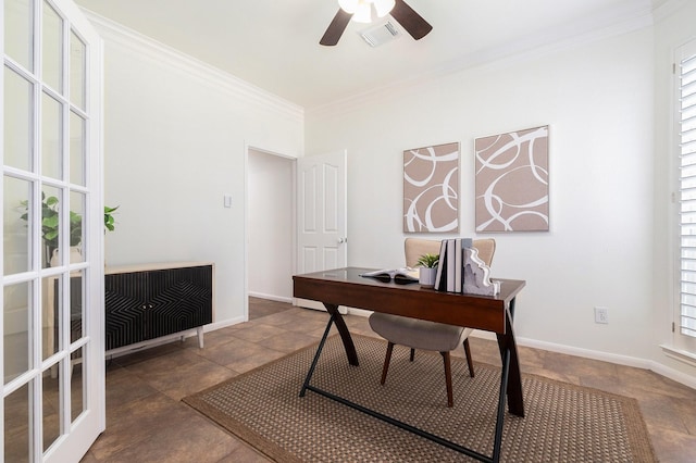 15814 Lake Loop Dr, Cypress, TX 77433 - home office with ornamental molding, ceiling fan, and healthy amount of natural light