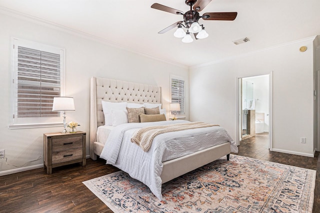15814 Lake Loop Dr, Cypress, TX 77433 - bedroom with ornamental molding, dark wood-style flooring, ceiling fan, and connected bathroom