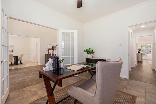 15814 Lake Loop Dr, Cypress, TX 77433 - office space featuring stone tile floors, ornamental molding, and ceiling fan
