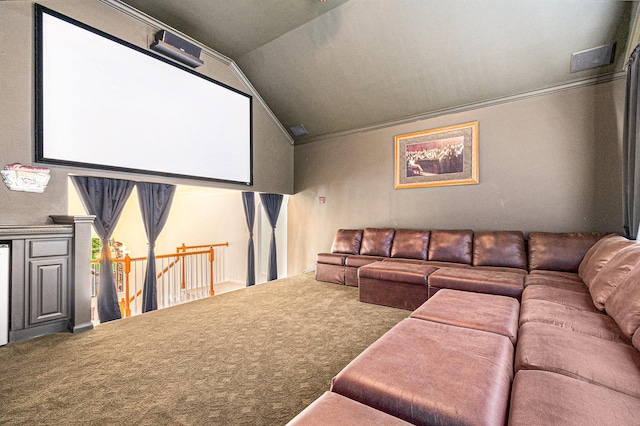 15814 Lake Loop Dr, Cypress, TX 77433 - home theater room with carpet, lofted ceiling, and crown molding