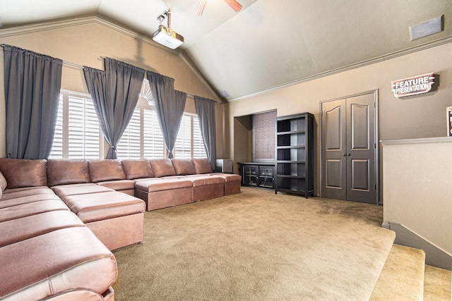 15814 Lake Loop Dr, Cypress, TX 77433 - living room featuring carpet, lofted ceiling, and ceiling fan