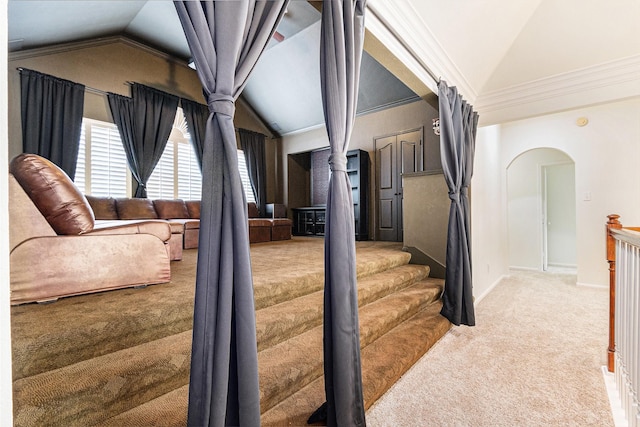 15814 Lake Loop Dr, Cypress, TX 77433 - staircase with carpet floors, vaulted ceiling, arched walkways, crown molding, and ornate columns