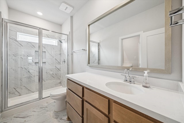 11011 Heartleaf Aster Way, Cypress, TX 77433 - full bath featuring toilet, a shower stall, vanity, and marble look tile flooring