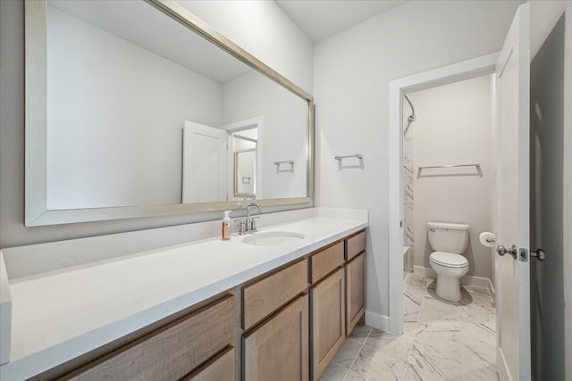11011 Heartleaf Aster Way, Cypress, TX 77433 - bathroom with marble look tiles, vanity, toilet, shower / tub combo, and baseboards