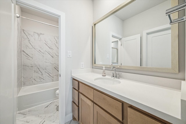 11011 Heartleaf Aster Way, Cypress, TX 77433 - bathroom with marble finish flooring, toilet, vanity, and tub / shower combination
