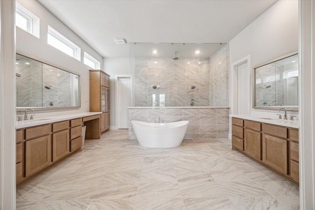 11011 Heartleaf Aster Way, Cypress, TX 77433 - bathroom with tiled shower, a freestanding bath, marble tiled flooring, and two vanities