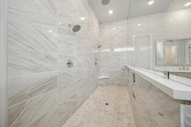11011 Heartleaf Aster Way, Cypress, TX 77433 - full bathroom featuring a tile shower, recessed lighting, and vanity