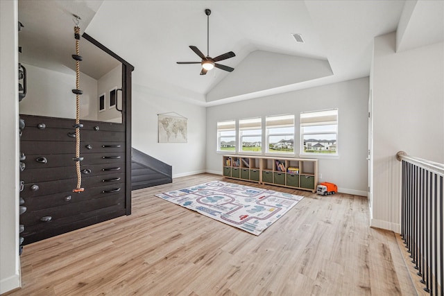 11011 Heartleaf Aster Way, Cypress, TX 77433 - living room featuring ceiling fan, wood finished floors, lofted ceiling, and baseboards