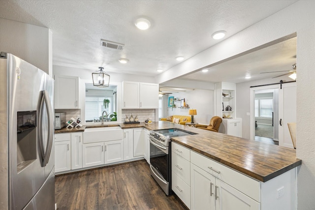 711 S Tesch St, Bellville, TX 77418 - kitchen with stainless steel appliances, wooden counters, a sink, a peninsula, and dark wood-type flooring