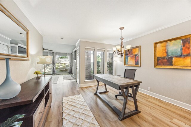 1433 Chardonnay Dr, Houston, TX 77077 - office space featuring light wood-style floors, a chandelier, crown molding, and baseboards