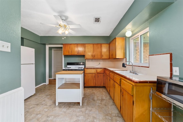 6601 Roos Rd, Houston, TX 77074 - kitchen with freestanding refrigerator, range, a sink, stainless steel microwave, and ceiling fan