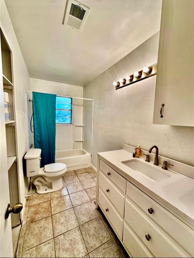 1008 Brockman St, Sweeny, TX 77480 - full bathroom with vanity, shower / tub combo with curtain, toilet, and tile patterned floors