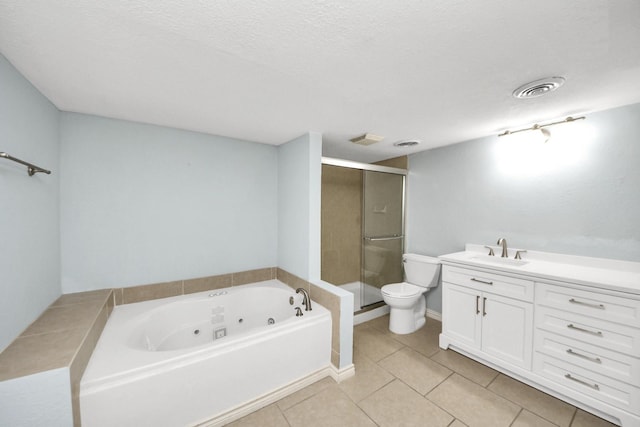 6304 Crab Orchard Rd, Houston, TX 77057 - bathroom featuring a shower stall, a tub with jets, toilet, tile patterned flooring, and vanity