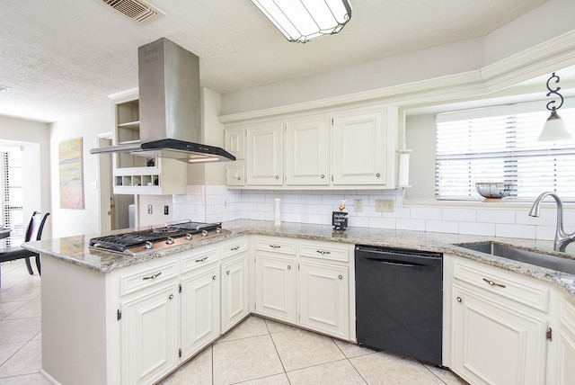 1610 Chapelwood Ln, Richmond, TX 77406 - kitchen with black dishwasher, stainless steel gas stovetop, island exhaust hood, light tile patterned floors, and a sink