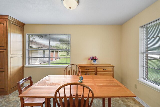11221 State Highway 65, Winnie, TX 77665 - dining space featuring healthy amount of natural light, stone finish flooring, and baseboards