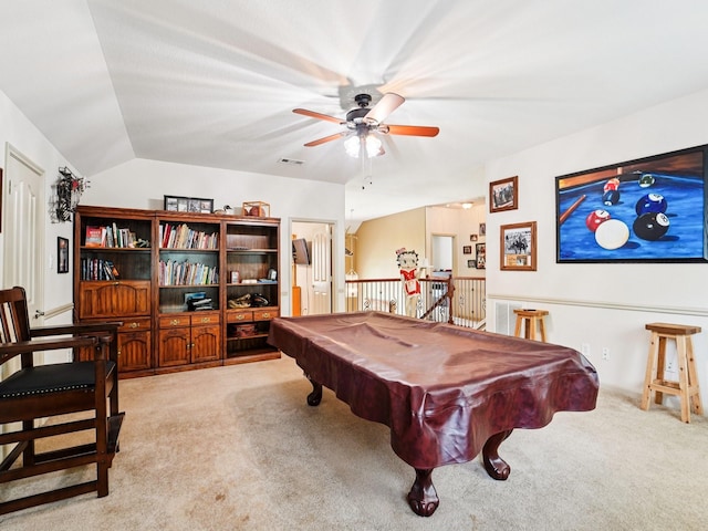1003 Commons Waterway Dr, Huffman, TX 77336 - recreation room with light carpet, ceiling fan, pool table, and vaulted ceiling