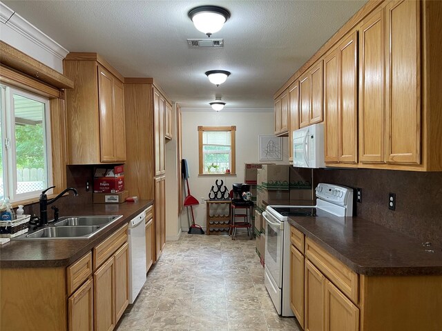 120 N 10th Ave, Teague, TX 75860 - kitchen with white appliances, a sink, dark countertops, plenty of natural light, and ornamental molding