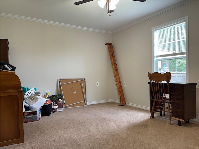 120 N 10th Ave, Teague, TX 75860 - carpeted bedroom featuring ornamental molding, baseboards, and a ceiling fan