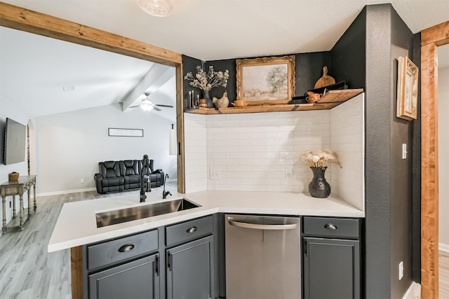 21100 Titian Dr, Magnolia, TX 77355 - kitchen featuring stainless steel dishwasher, a sink, open shelves, light wood-type flooring, and light countertops