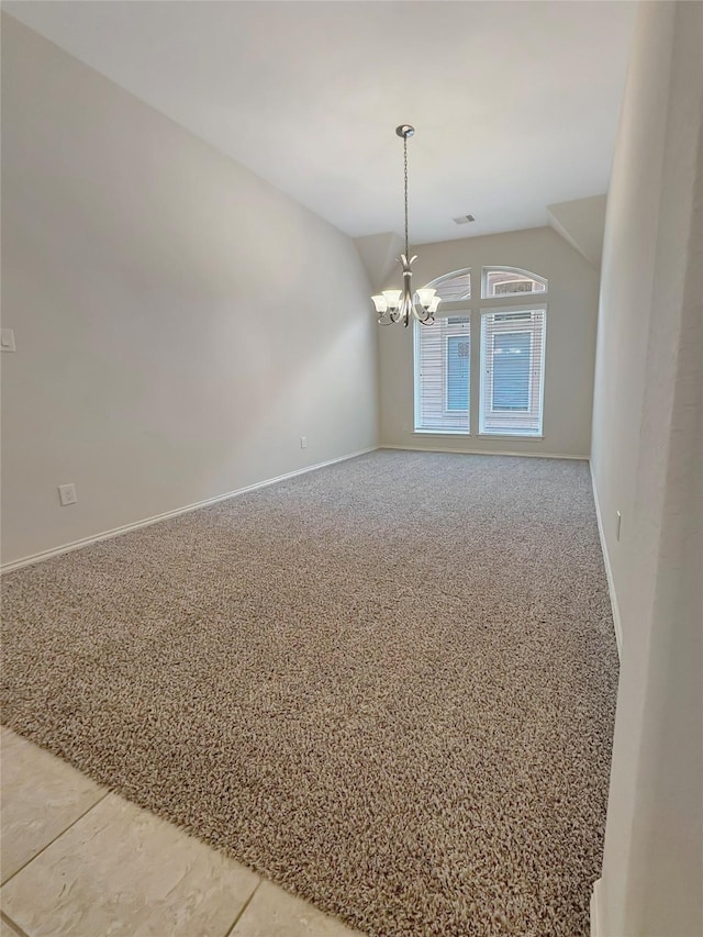 3328 Primrose Canyon Ln, Pearland, TX 77584 - unfurnished room with a chandelier, light colored carpet, and lofted ceiling