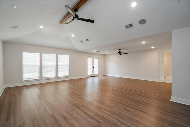 10503 Windriver Dr, Houston, TX 77070 - unfurnished living room with a ceiling fan, vaulted ceiling, wood finished floors, baseboards, and recessed lighting