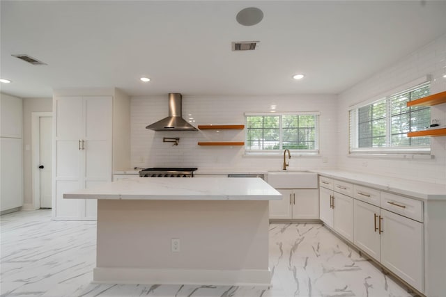 10503 Windriver Dr, Houston, TX 77070 - kitchen with wall chimney range hood, a sink, open shelves, light marble finish floors, and decorative backsplash
