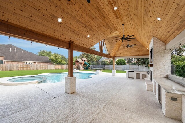 22111 Blacksburg Ct, Katy, TX 77450 - view of pool featuring a playground, a patio, area for grilling, and a ceiling fan