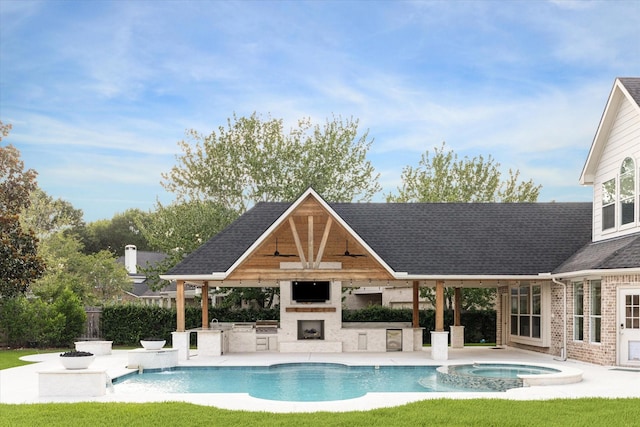 22111 Blacksburg Ct, Katy, TX 77450 - view of pool featuring a gazebo, an outdoor fireplace, area for grilling, a patio area, and a ceiling fan