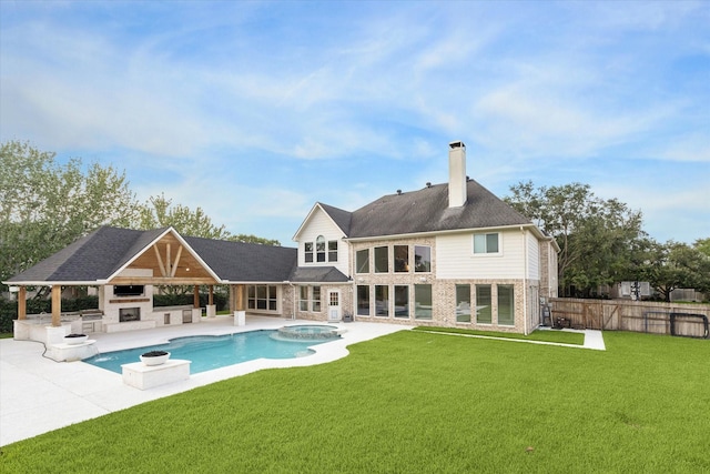 22111 Blacksburg Ct, Katy, TX 77450 - rear view of property with area for grilling, a patio area, a chimney, a gazebo, and a pool with connected hot tub