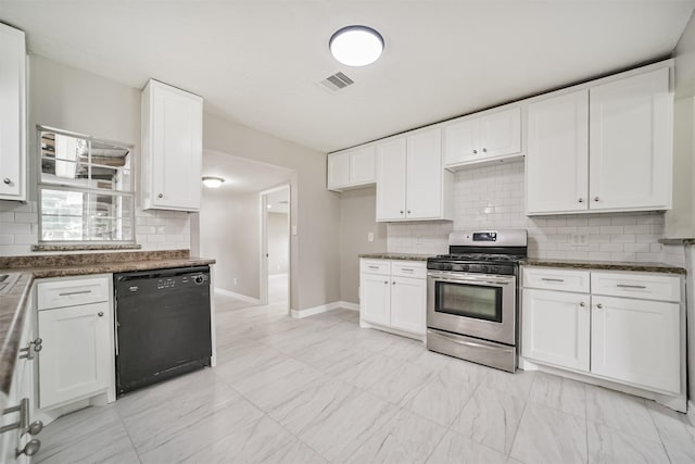 538 Pecan Dr, South Houston, TX 77587 - kitchen featuring dishwasher, gas stove, decorative backsplash, white cabinetry, and baseboards