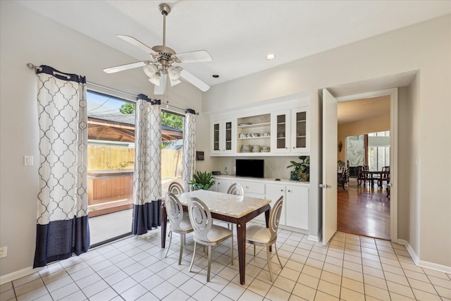 12007 Lakeway Ct, Houston, TX 77071 - dining room with ceiling fan, baseboards, light tile patterned floors, and recessed lighting