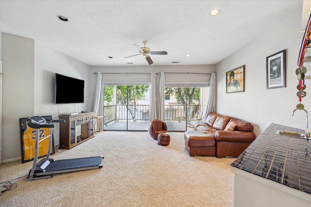 12007 Lakeway Ct, Houston, TX 77071 - carpeted living room featuring a sink, a ceiling fan, and recessed lighting