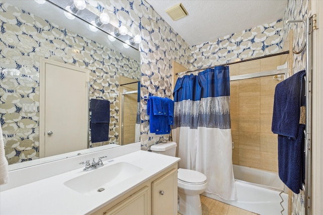 12007 Lakeway Ct, Houston, TX 77071 - bathroom with toilet, vanity, shower / bathtub combination with curtain, a textured ceiling, and tile patterned floors