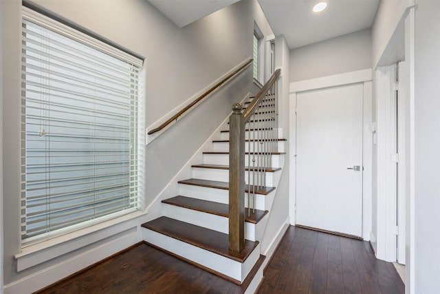 727 Schwartz St, Houston, TX 77020 - stairs featuring hardwood / wood-style flooring, baseboards, and recessed lighting