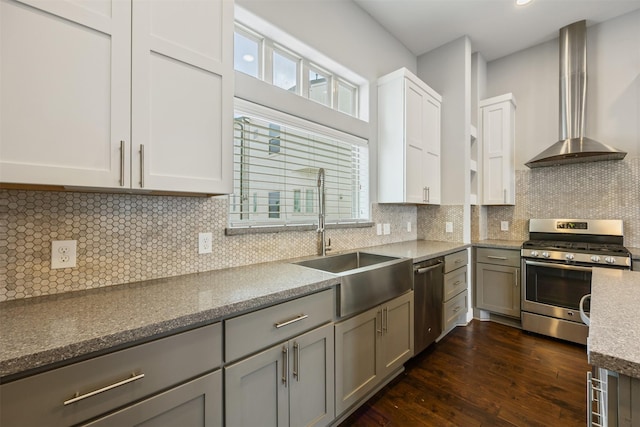 727 Schwartz St, Houston, TX 77020 - kitchen with appliances with stainless steel finishes, a sink, wall chimney range hood, gray cabinetry, and dark wood-type flooring