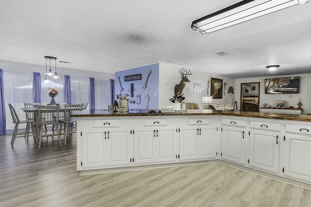 6462 US Highway 190 E, Livingston, TX 77351 - kitchen featuring dark countertops, light wood-type flooring, white cabinetry, a textured ceiling, and decorative light fixtures