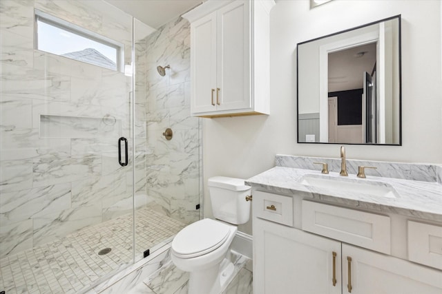 540 W 26th St Unit B, Houston, TX 77008 - bathroom featuring marble look tile flooring, toilet, a marble finish shower, and vanity