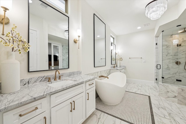 540 W 26th St Unit B, Houston, TX 77008 - full bath featuring marble look tile flooring, a marble finish shower, vanity, a freestanding tub, and recessed lighting
