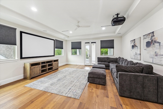 540 W 26th St Unit B, Houston, TX 77008 - home theater room featuring a raised ceiling, a ceiling fan, wood finished floors, baseboards, and recessed lighting