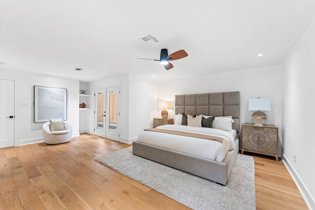1100 S Shepherd Dr, Houston, TX 77019 - bedroom featuring access to exterior, light wood-style floors, ceiling fan, and recessed lighting